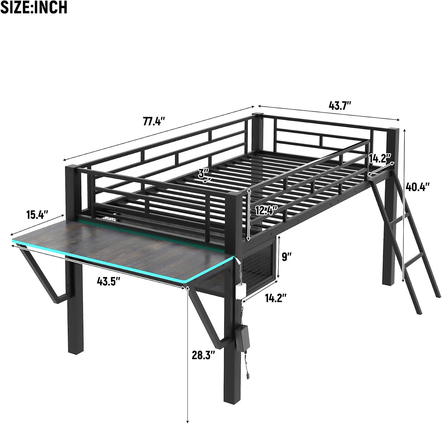 Linique Twin Size Gaming Loft Bed with Desk, LED and Staircase, Metal Loft Bed Frame with Vented Mesh Undercarriage Storage, Black