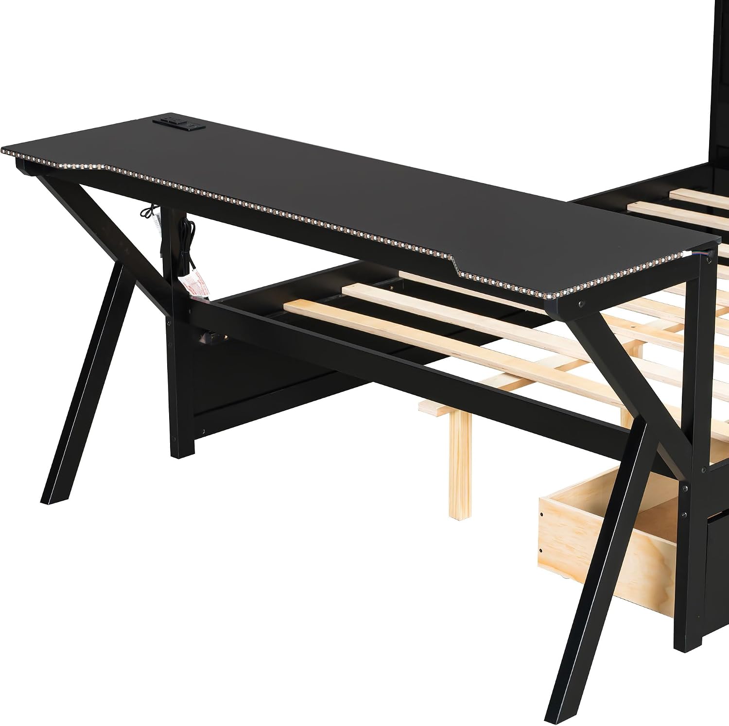 Merax Full Size Gaming Platform Bed with LED Headboard and LED Desk, Wooden Corner Bed with USB and Two Storage Drawers