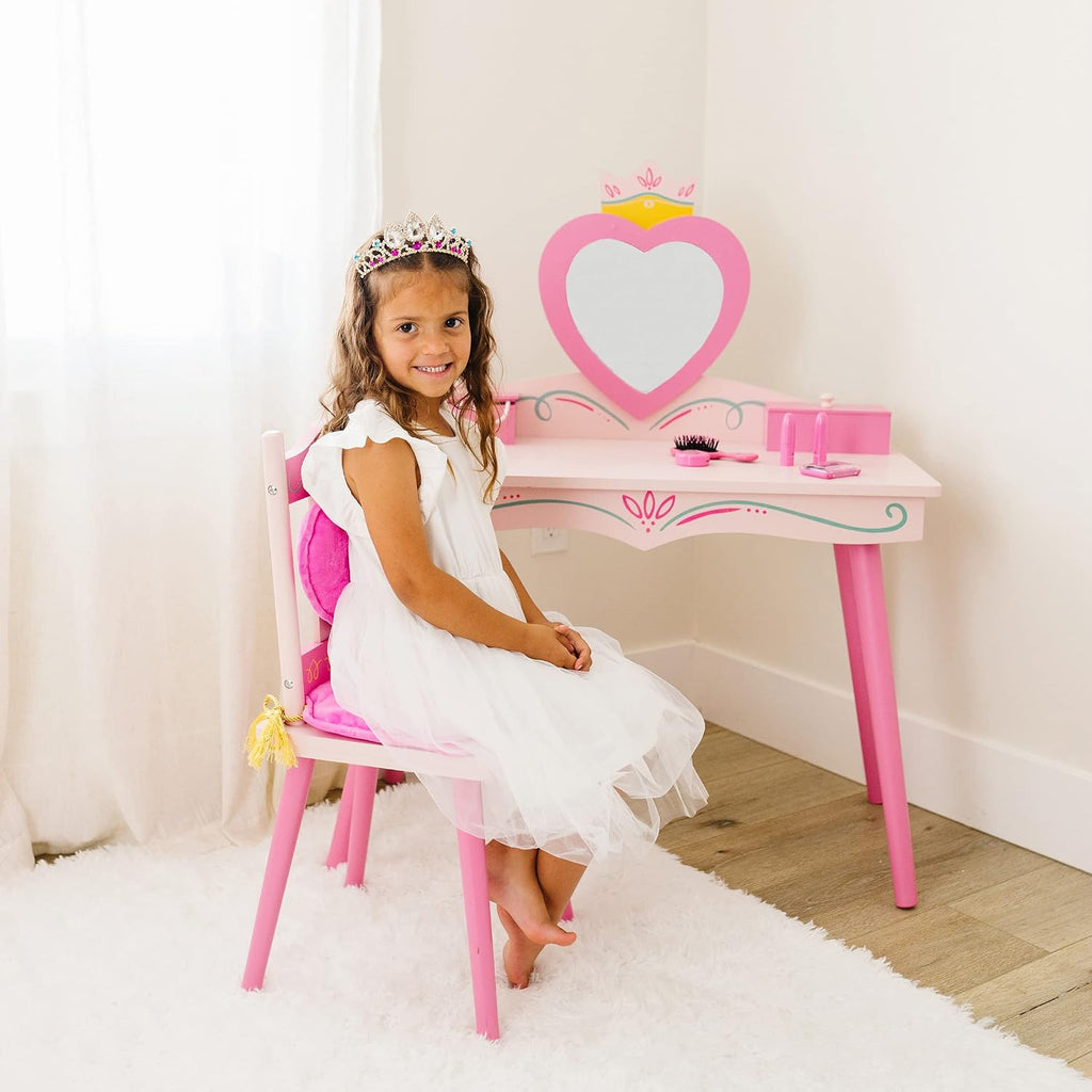 Wildkin Kids Princess Vanity & Chair Set – Wooden Vanity for Girls with Mirror, Jewelry Box & Music Box, with Removable Cushioned Chair - Pink