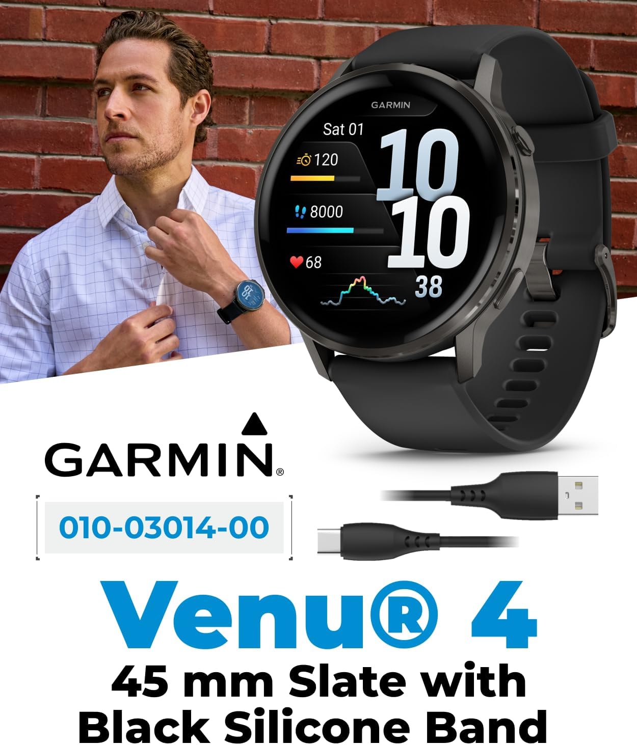 Garmin Venu 4 45mm AMOLED Advanced Health & Fitness GPS Smartwatch, Bright & Colorful Display, Built-in Flashlight, Up to 12 Days, Slate with Black Silicone Band w/Wearable4U Black Earbuds Bundle