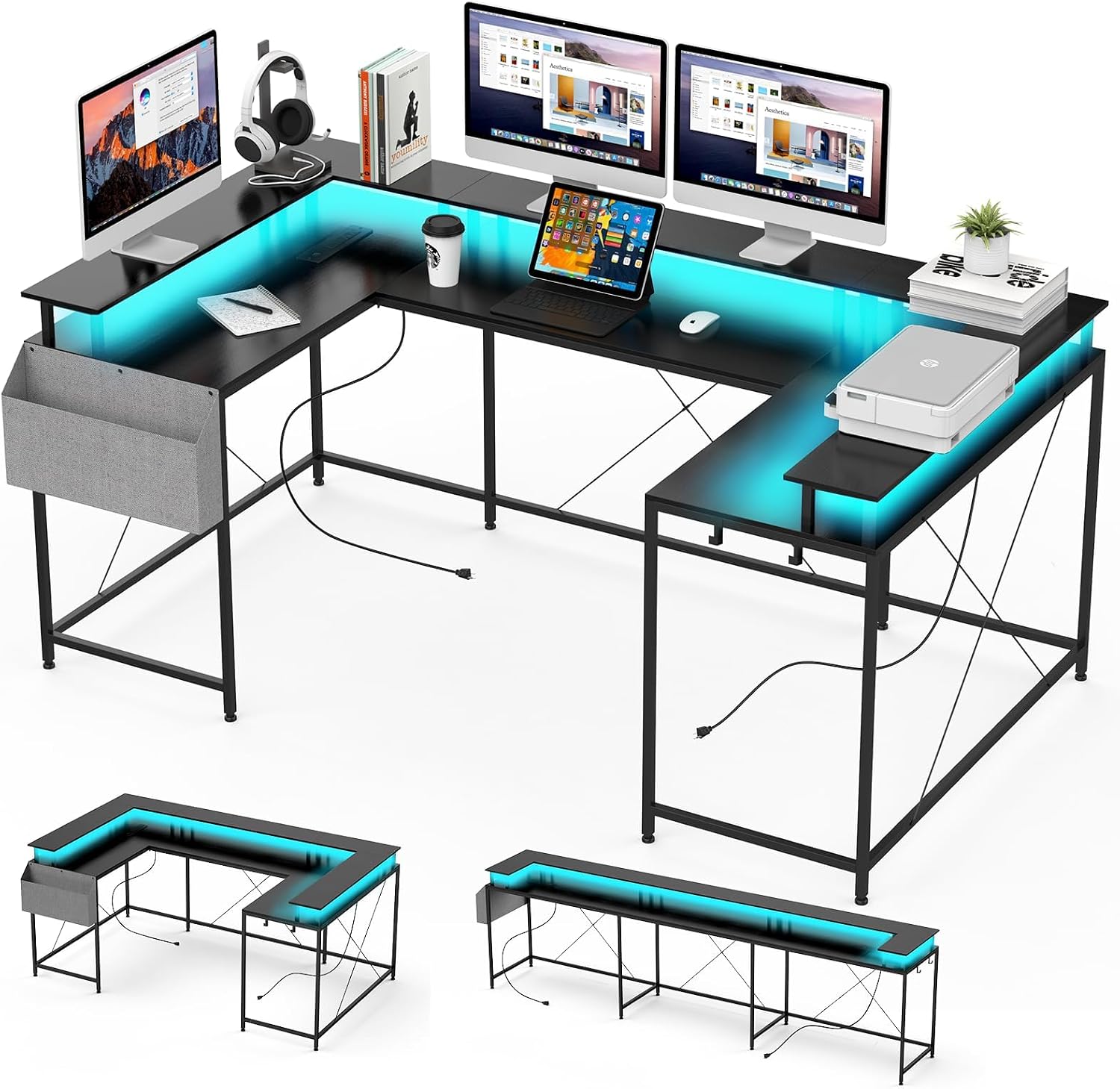 126' U Shaped Gaming Desk, Power Outlets & USB Ports, Reversible Corner Computer Desk with Monitor Stand, RGB LED Lights, Storage Shelves & Bag, Gaming Desk for Home Office, Tiger Stripes, Black