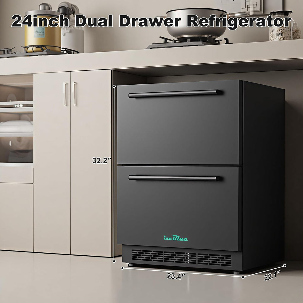 Iceblue Drawer Refrigerator, 24 Inch 5.12Cu.Ft Under Counter Drawer Fridge, Stainless Steel Freestanding Beverage Refrigerator, 34~50℉ Fast Cooling Wine Fridge for Home, Bar, Gift - Black