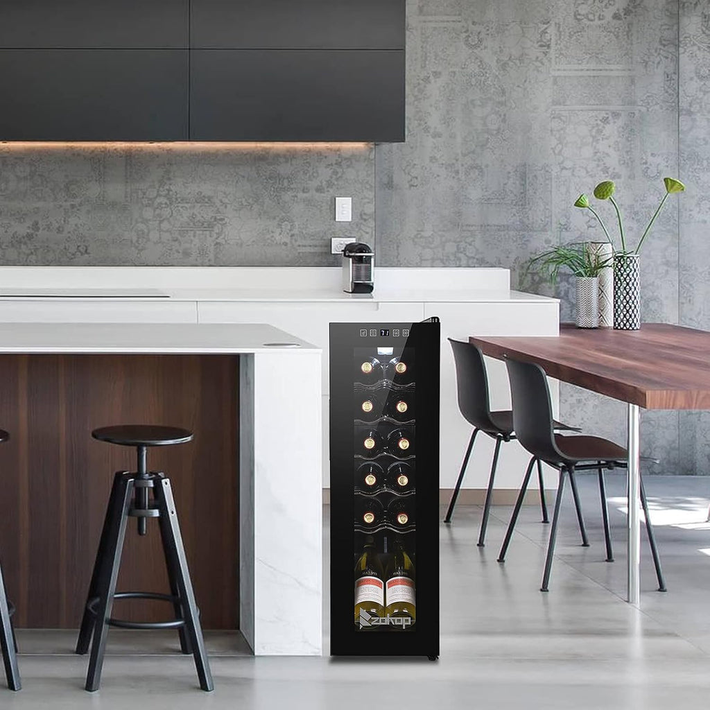 ROVSUN 10''W Small Wine Fridge with Compressor, 12 Bottles Freestanding Wine Cooler Refrigerator with Touch Panel Control and Glass Door, Wine Cellar for Red, White, Champagne or Sparkling, 41-64°F