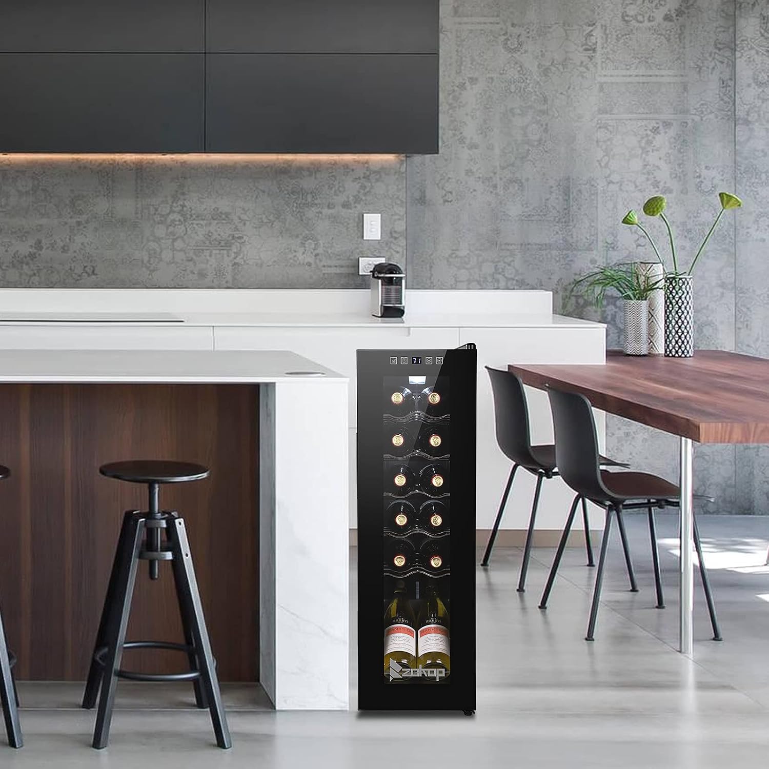 ROVSUN 10''W Small Wine Fridge with Compressor, 12 Bottles Freestanding Wine Cooler Refrigerator with Touch Panel Control and Glass Door, Wine Cellar for Red, White, Champagne or Sparkling, 41-64°F