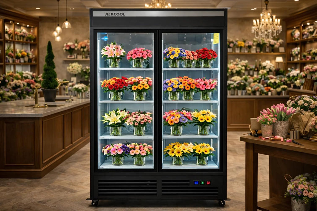 Commercial Flower Beverage Refrigerator Display Fridge,Two SLIDING Glass Door Drink Cooler Floral Display Fridge with LED Light Adjustable Shelves,ETL Sanitation,43 Cu Ft,47' Wide,Wheels Included
