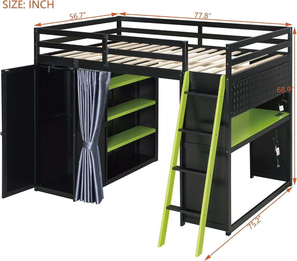 Full Gaming Loft Bed with Wardrobe & Desk & Charging Station & RGB Light,Esports Wood Loft Bed Frame with Storage Shelves,Curtains and DIY Pegboard,Space Saving,No Box Spring Needed,Black Green