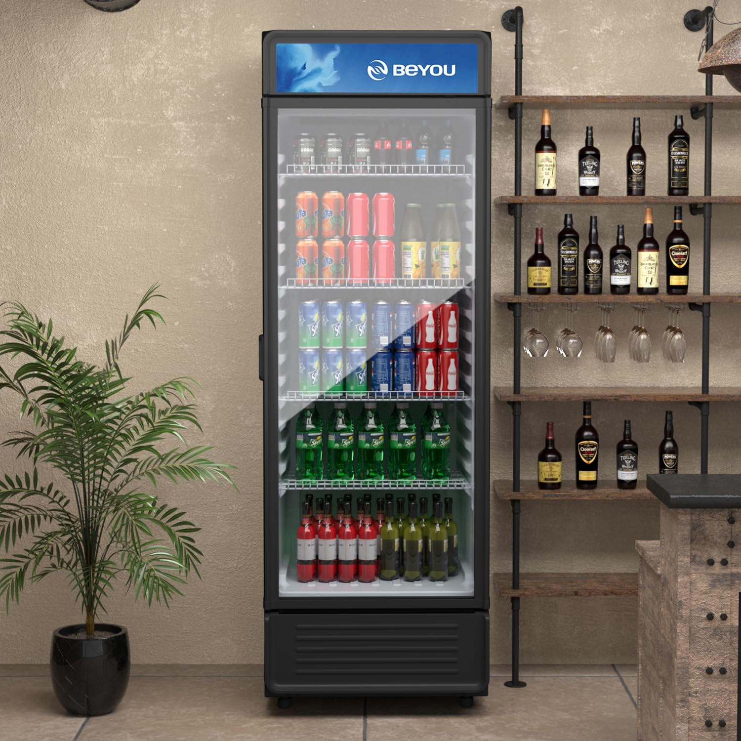 BEYOU Commercial Beverage Refrigerator, 9.7 cu. Ft Upright Dispaly Merchandiser with Single Glass Door, Drink Cooler for Living Room,Bar, Garage（Black）