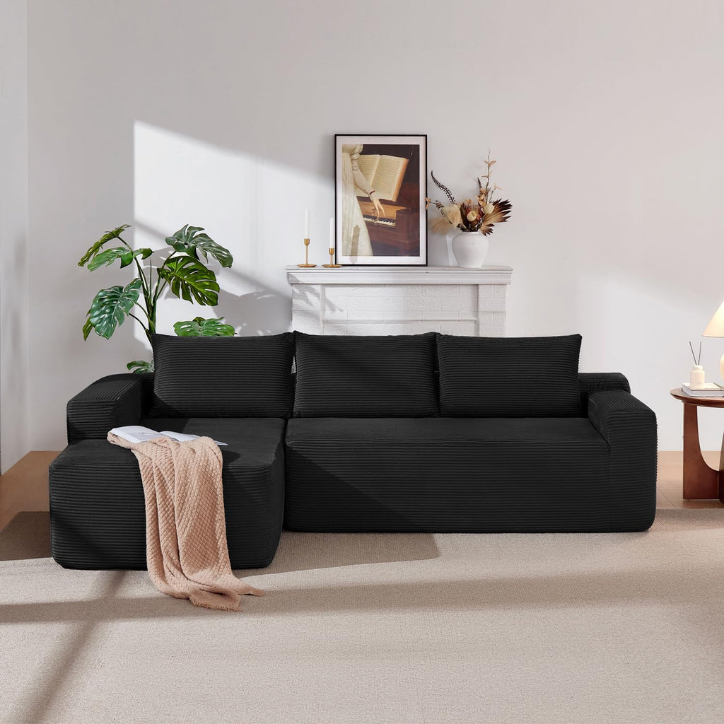 97' Cloud Sectional Couch,Modern Modular Sectional Sofa with Deep Seat,Corduroy Boneless Couches with L-Shape Chaise for Living Room Bedroom,No Assembly Required (Black, 97' Left Facing Chaise)
