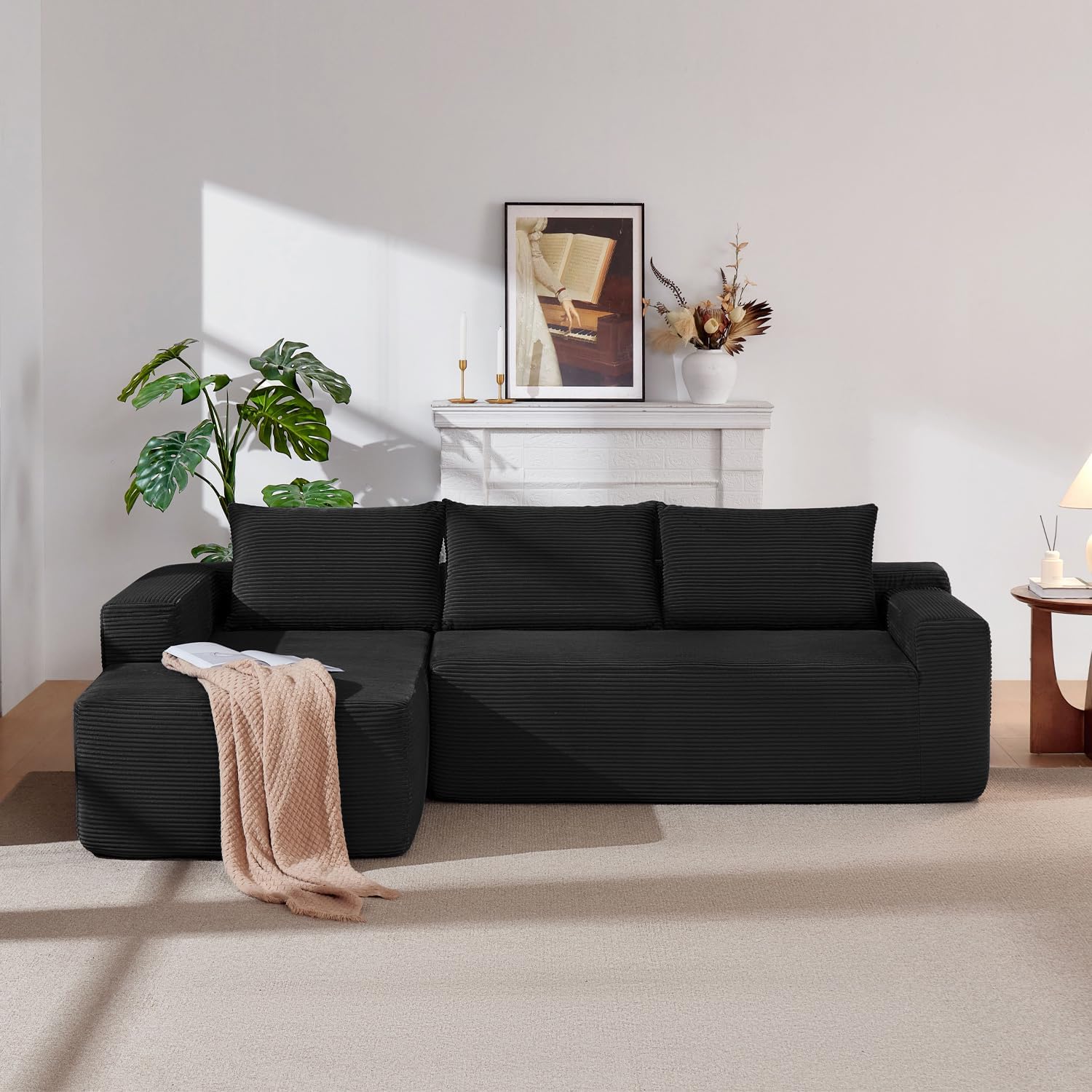 97' Cloud Sectional Couch,Modern Modular Sectional Sofa with Deep Seat,Corduroy Boneless Couches with L-Shape Chaise for Living Room Bedroom,No Assembly Required (Black, 97' Left Facing Chaise)