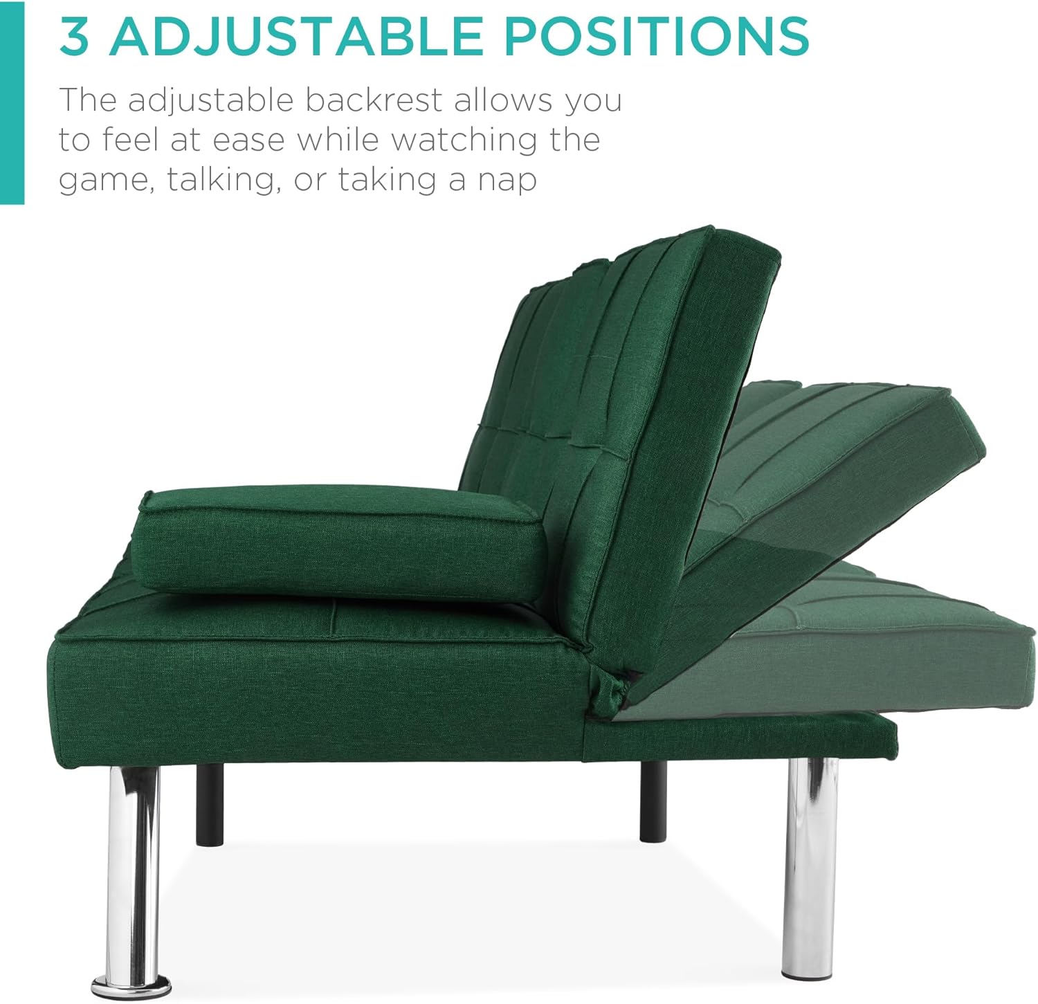 Best Choice Products Linen Modern Folding Futon, Reclining Sofa Bed for Apartment, Dorm w/Removable Armrests, 2 Cupholders - Dark Green