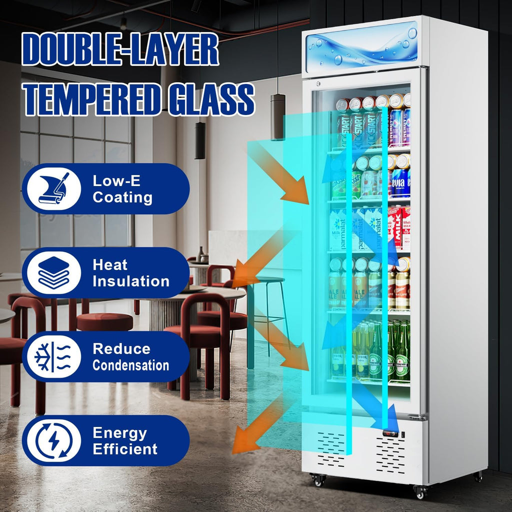 White Commercial Glass Door Display Refrigerator 11 Cu.ft Cooler Beverage Refrigerators with LED Light and 5 Shelves for Cafe Restaurant Store Bar