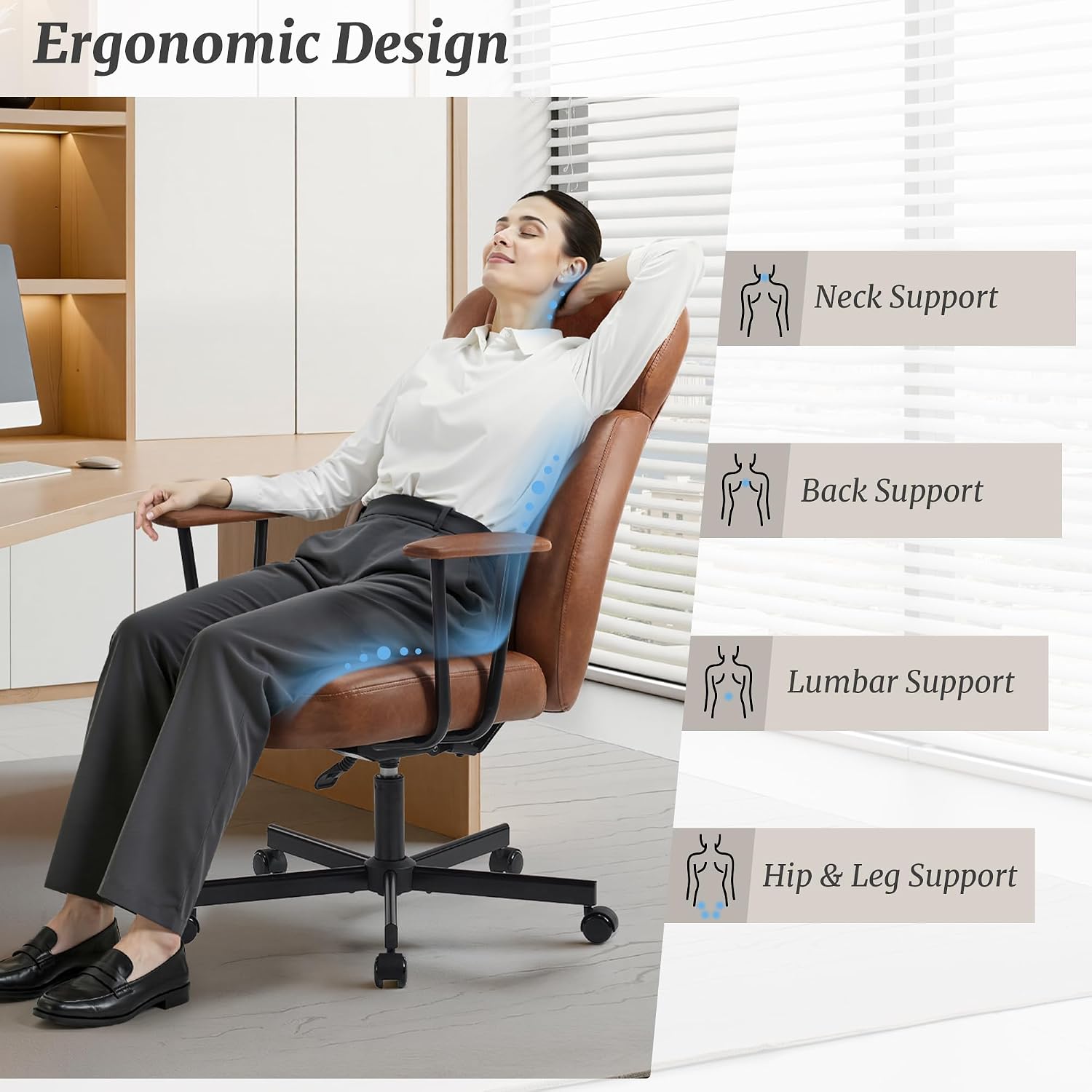 Cozyman Ergonomic PU Leather Home Office Chair, High Back Executive Desk Chair with 5-Layer Cushion, 95-135° Reclining Back, Lumbar Support, Adjustable Height, 360° Swivel for Home Office Task, Brown