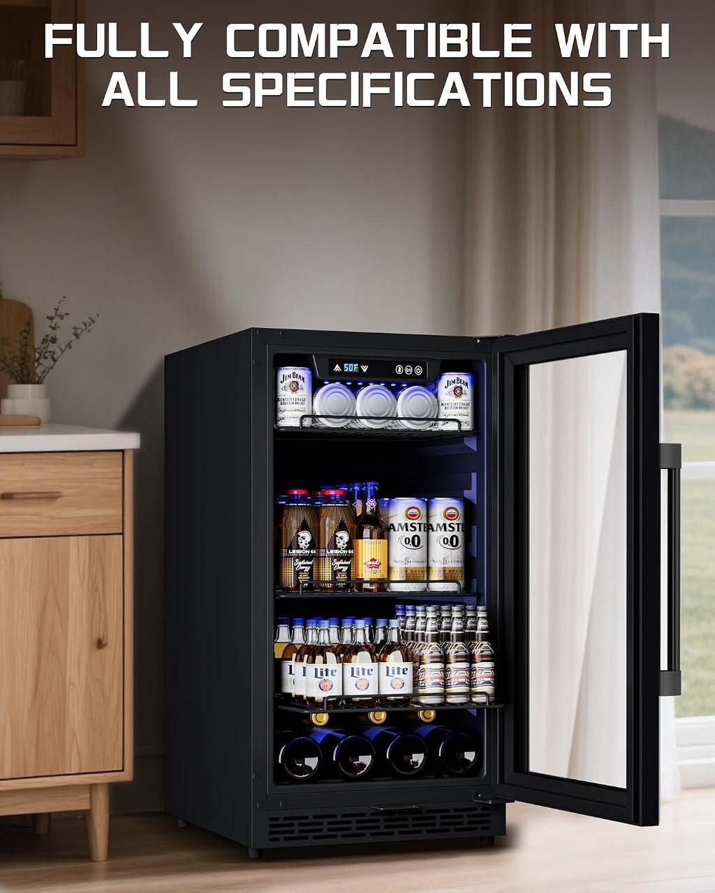 18 inch Glass Door Beverage Refrigerator – 160 Can Mini Fridge for Wine, Beer, Soda, Ideal for Home, Office, or Bar, Under Counter Built-In Design