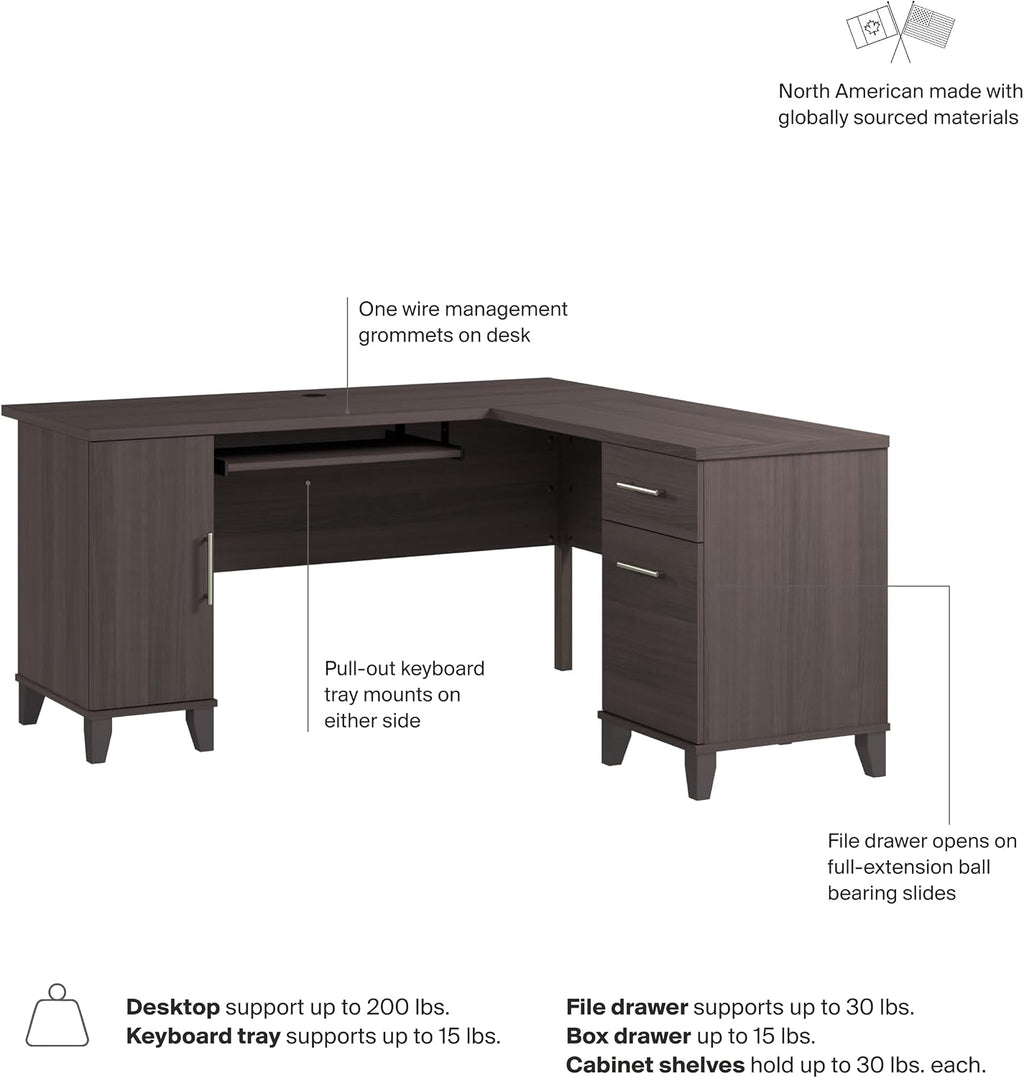Bush Furniture 60-inch L Shaped Desk with Storage, Spacious Corner Computer Table for Home Office, Somerset Collection, Storm Gray