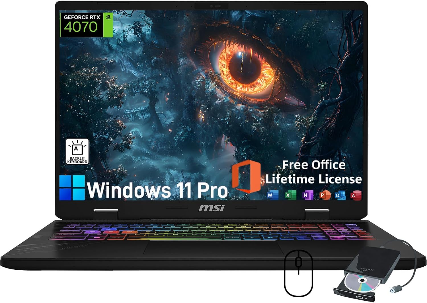 MSI Crosshair 16 Gaming Laptop - with Office Lifetime License, GeForce RTX 4070, 16' FHD+ 144 Hz Display, Intel 16-Core i7 14650HX, Backlit KB, Windows 11 Pro (64GB DDR5 RAM | 2TB SSD)