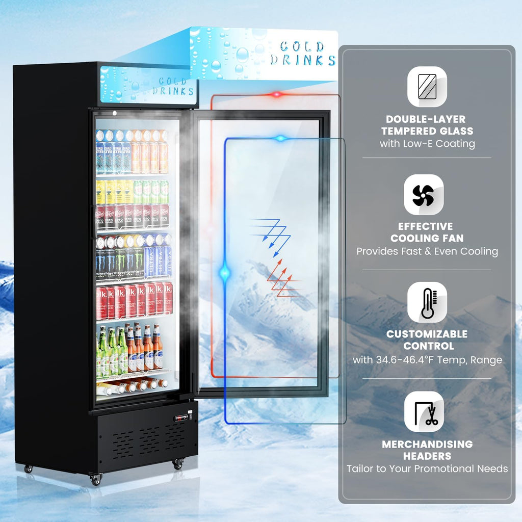 Commercial Beverage Refrigerator, 15 Cu.ft.Display Fridge Glass Door Upright Display Door with Adjustable Shelves LED Light for Restaurant,Grocery Stores,Office