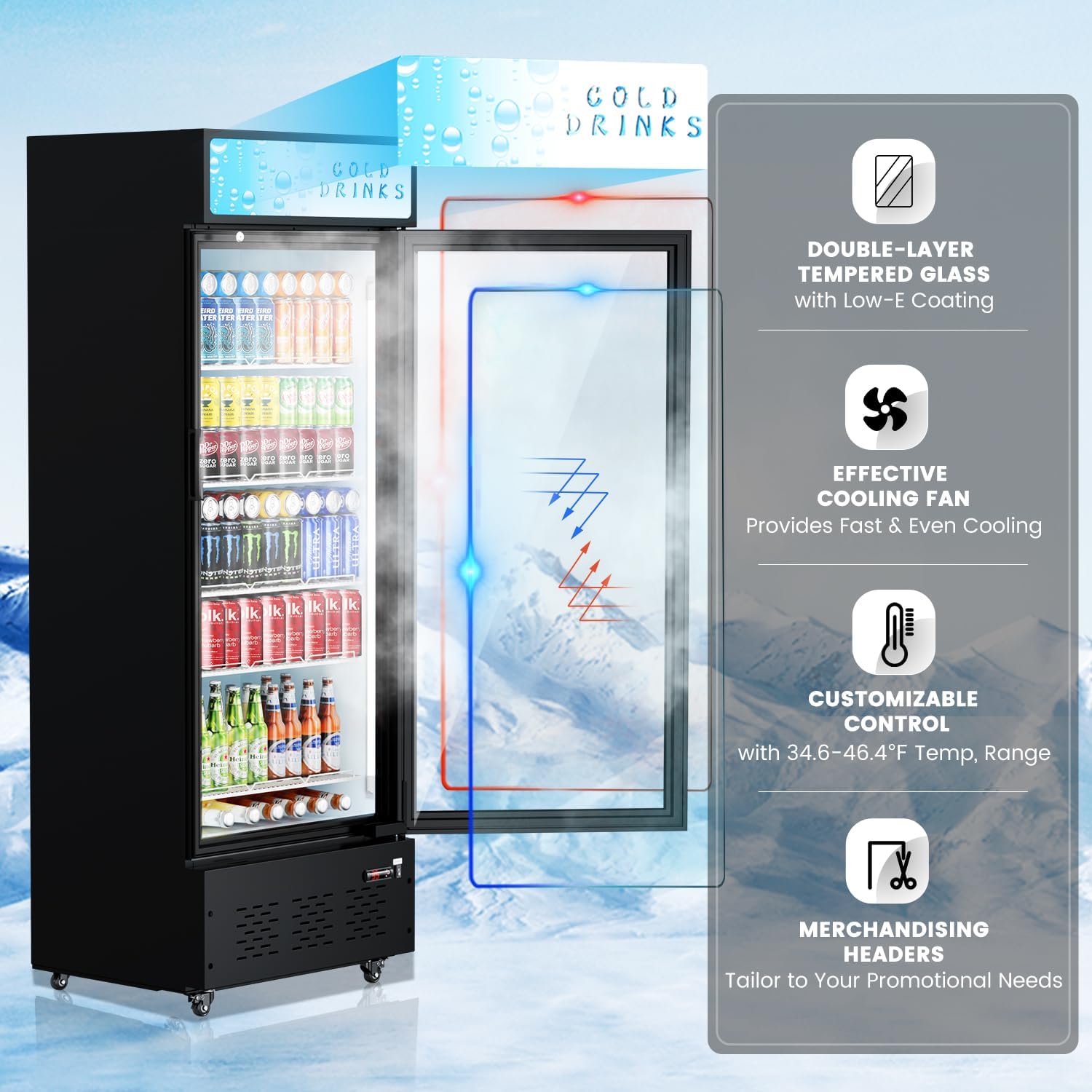 Commercial Beverage Refrigerator, 15 Cu.ft.Display Fridge Glass Door Upright Display Door with Adjustable Shelves LED Light for Restaurant,Grocery Stores,Office