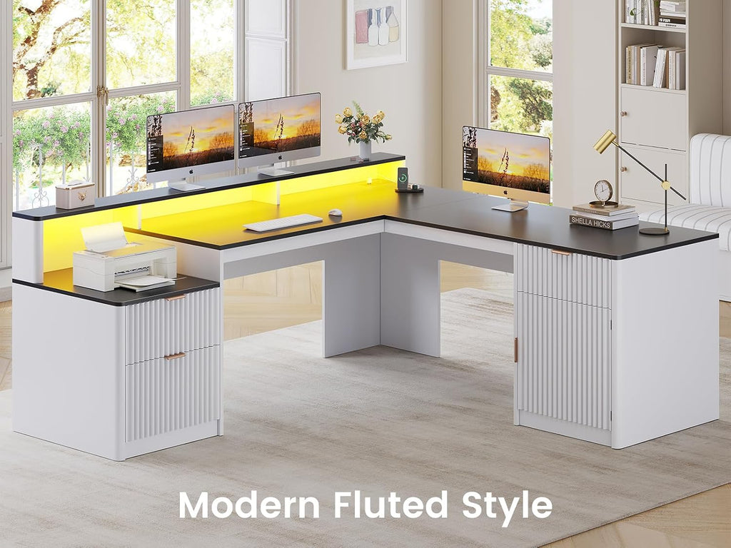 SEDETA 66' Modern L Shaped Desk with Drawers, Fluted Home Office Desk with File Cabinet and Printer Shelf, Wood Executive Desk with Monitor Stand, Led Lights, Power Outlets, White