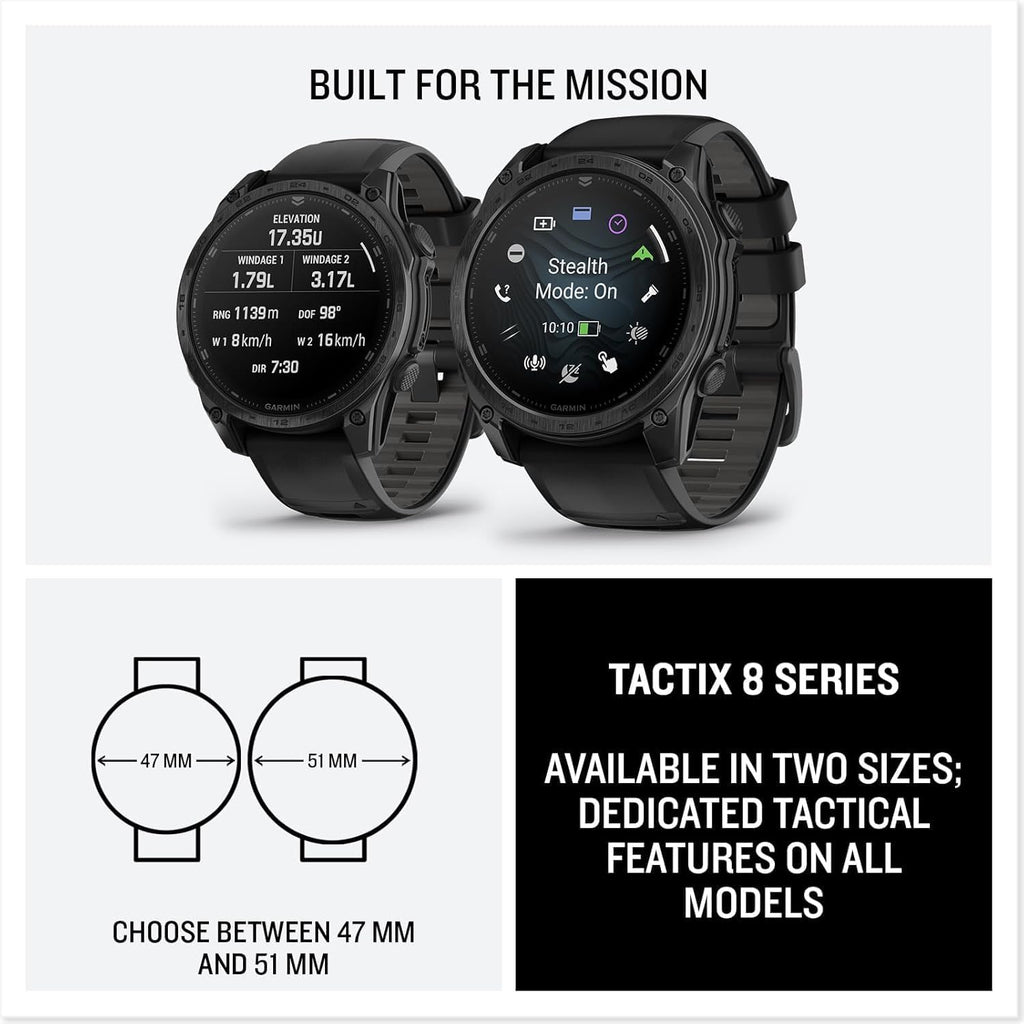 Garmin tactix 8 AMOLED (51mm) Premium Tactical GPS Smartwatch Bundle - Includes Applied Ballistics Ultralight Solver, Built-in LED Flashlight with PlayBetter Portable Charger & HD Screen Protectors