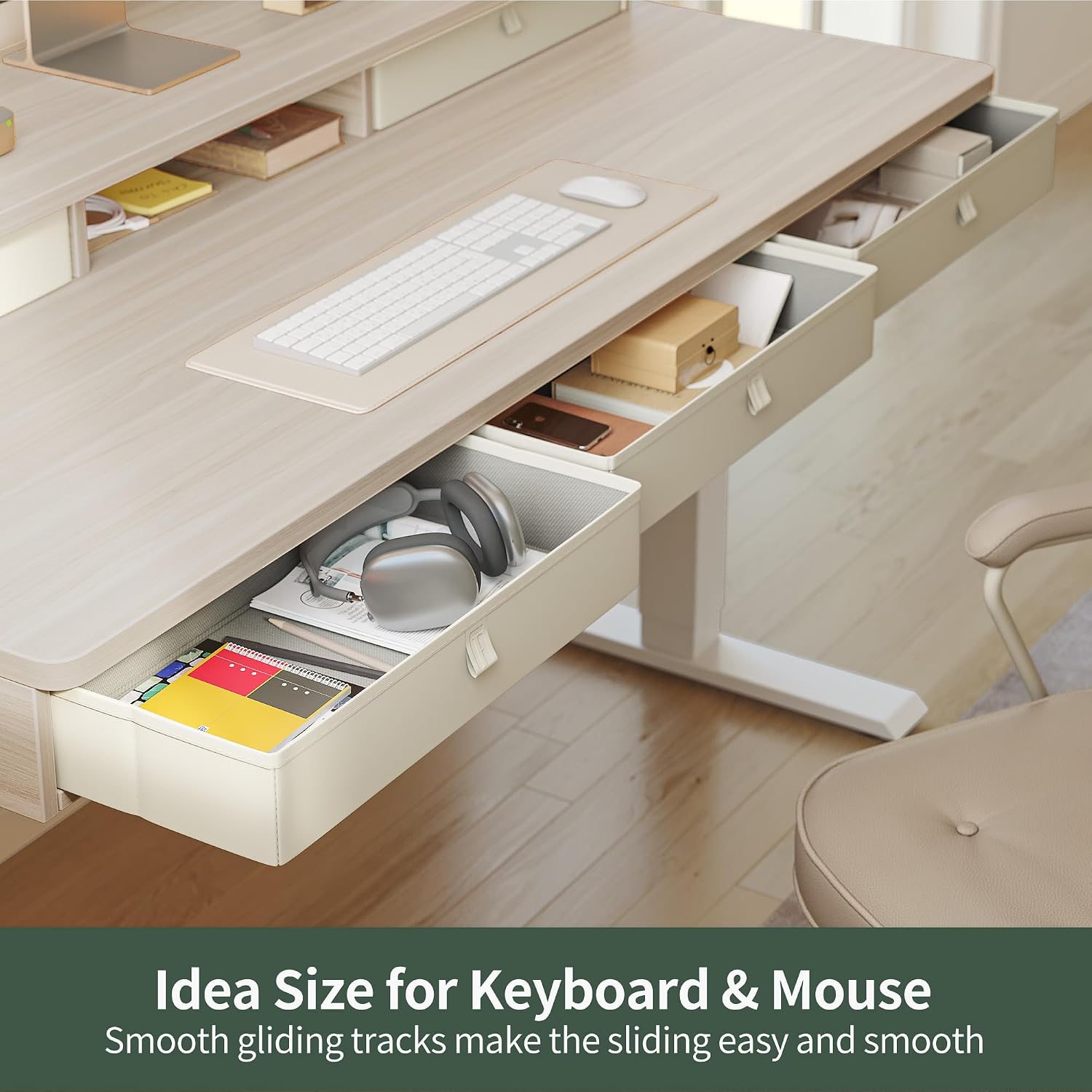 FEZIBO Height Adjustable Electric Standing Desk with 5 Drawers, 55 x 24 Inch Table with Storage Shelf, Sit Stand Desk White Frame/Light Walnut Top, 55 inch