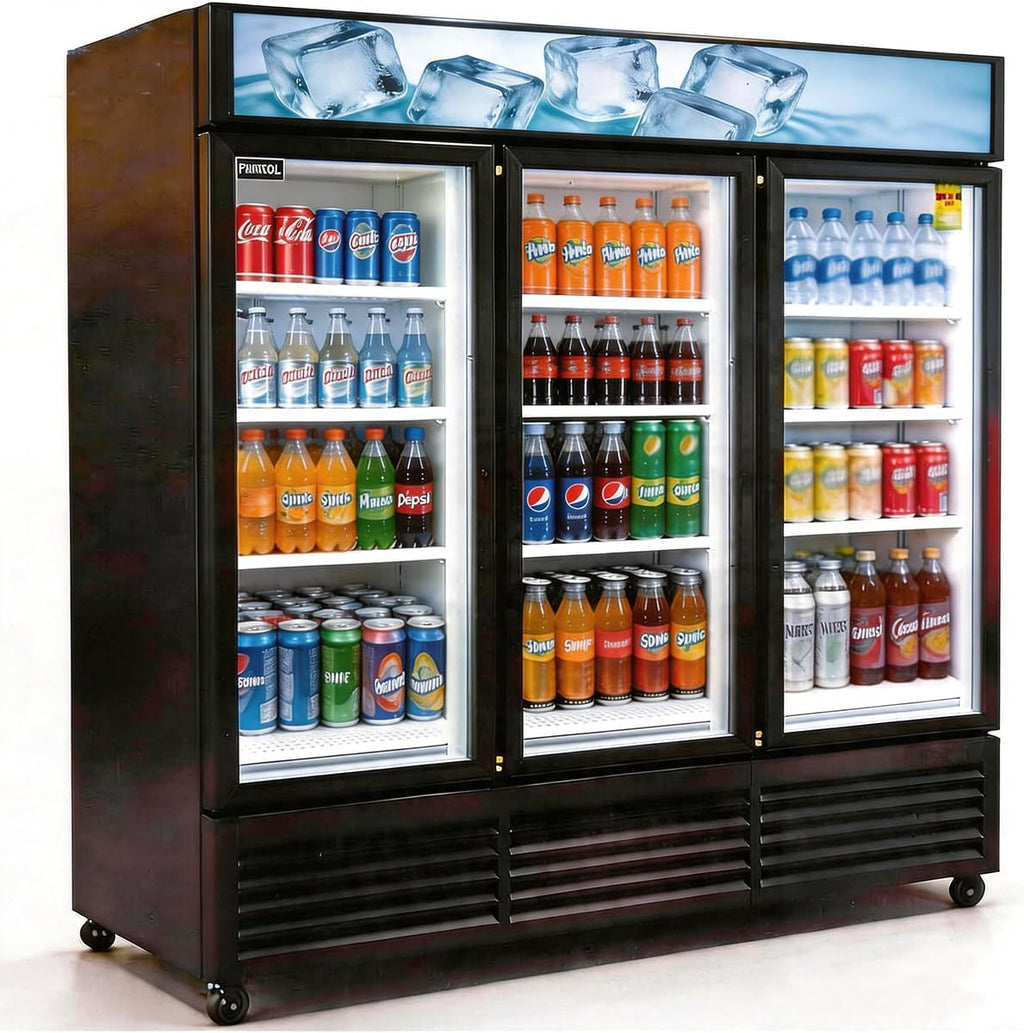 71' Wide Commercial Beverage Refrigerator Display Fridge, Three Glass Door Merchandiser Drink Cooler With LED Light 9 Adjustable Shelves,ETL Sanitation,63.5 Cu Ft,BLACK,Wheels Included