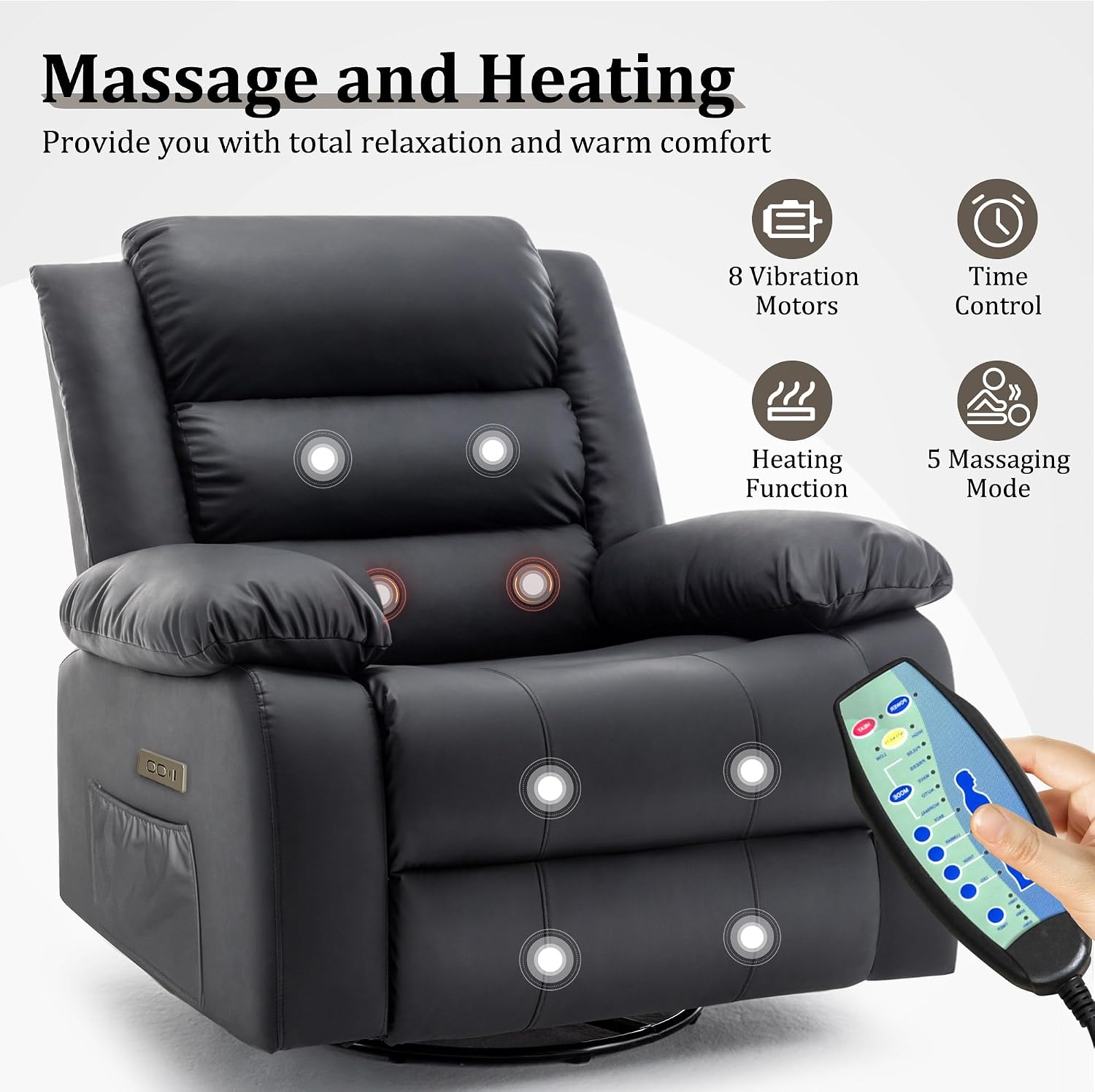 Korser Power Recliner Chair, Electric Rocker Recliner with Massage and Heat, 270° Swivel Glider, Oversized Wide Seat with USB Port, Cashmere Nursery Chair for Living Room, Black