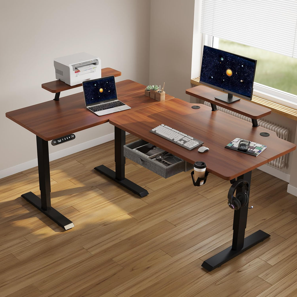 L Shape Standing Desk with Drawer, 63x47 Inches Height Adjustable Sit Stand Up Desk with Storage Shelf, Home Office Desk Computer Workstation with Walnut Top/Black Frame