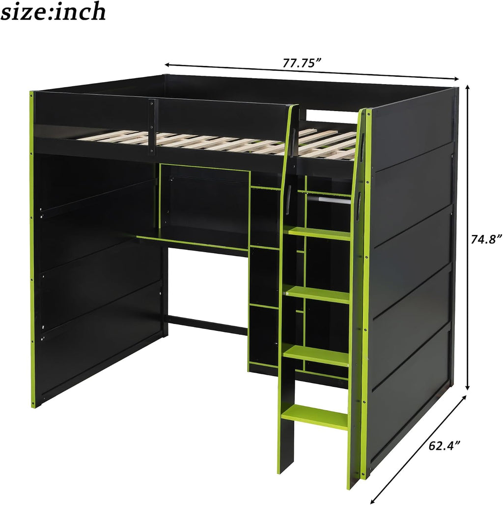 Merax Wood Loft Bed with Desk, Open Wardrobe, Storage Compartments and RGB Lights, Full Size, Green
