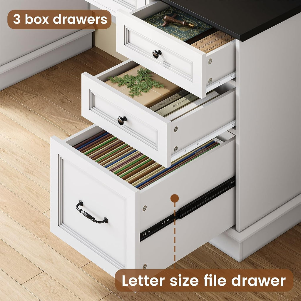 HAUOMS Farmhouse Executive Desk with Drawers Computer Desk with File Drawers, Power Outlet and Led Lights, Executive Office Desk with Storage Cabinet and Monitor Shelf for Home Office, White