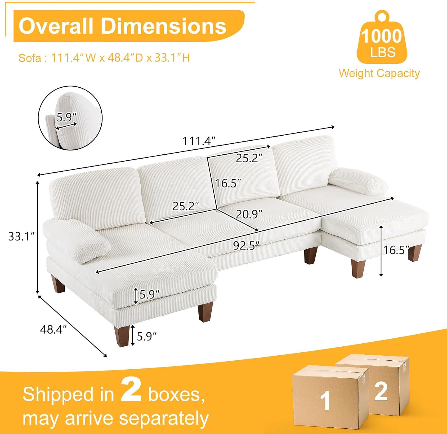 Karl home U-Shape Sectional Sofa Couch 111' Modern 4-Seat Sofa with Chaises Corduroy Fabric Upholstered Covertible Couch with Wood Grain Legs for Living Room, Reception Room, Apartment, Beige