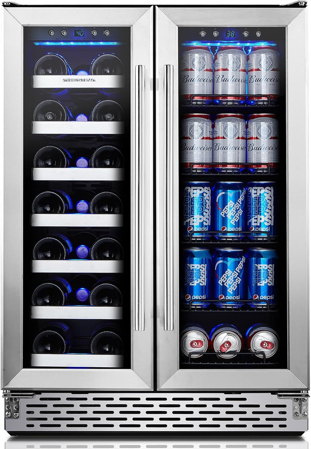 Phiestina Wine and Beverage Refrigerator, 24'' Wine Cooler- 20 Bottles&78 Cans, Built-in/Freestanding Dual Zone Wine Fridge with Glass Door, Removable Shelves for Home/Bar/Office