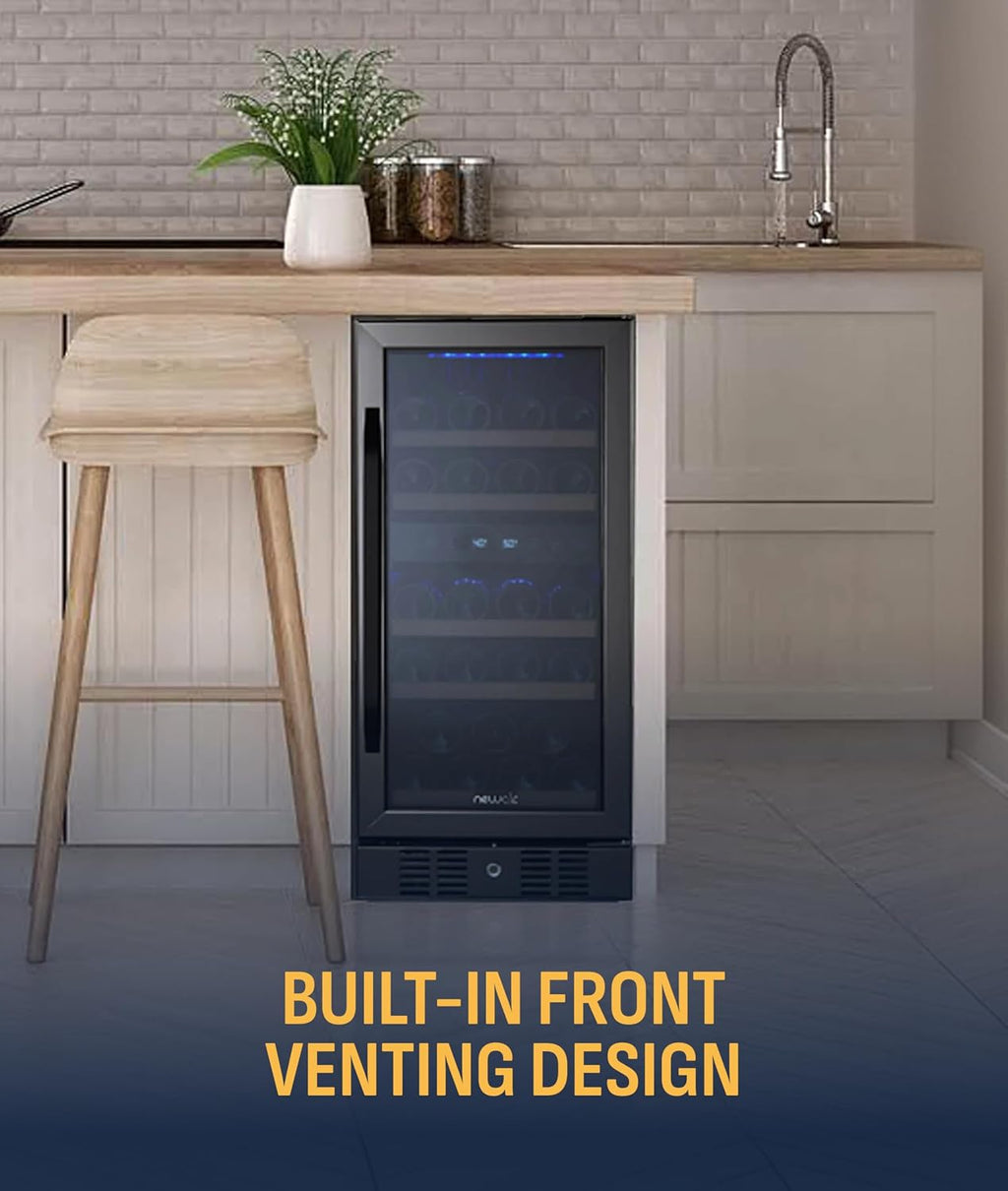 NewAir 15' Dual Zone Wine Fridge for 29 Bottles | Built-In or Freestanding Wine Cooler Refrigerator with Glass Door | Precision Cooling & Wood Shelves for Red and White Wines | Black Stainless Steel