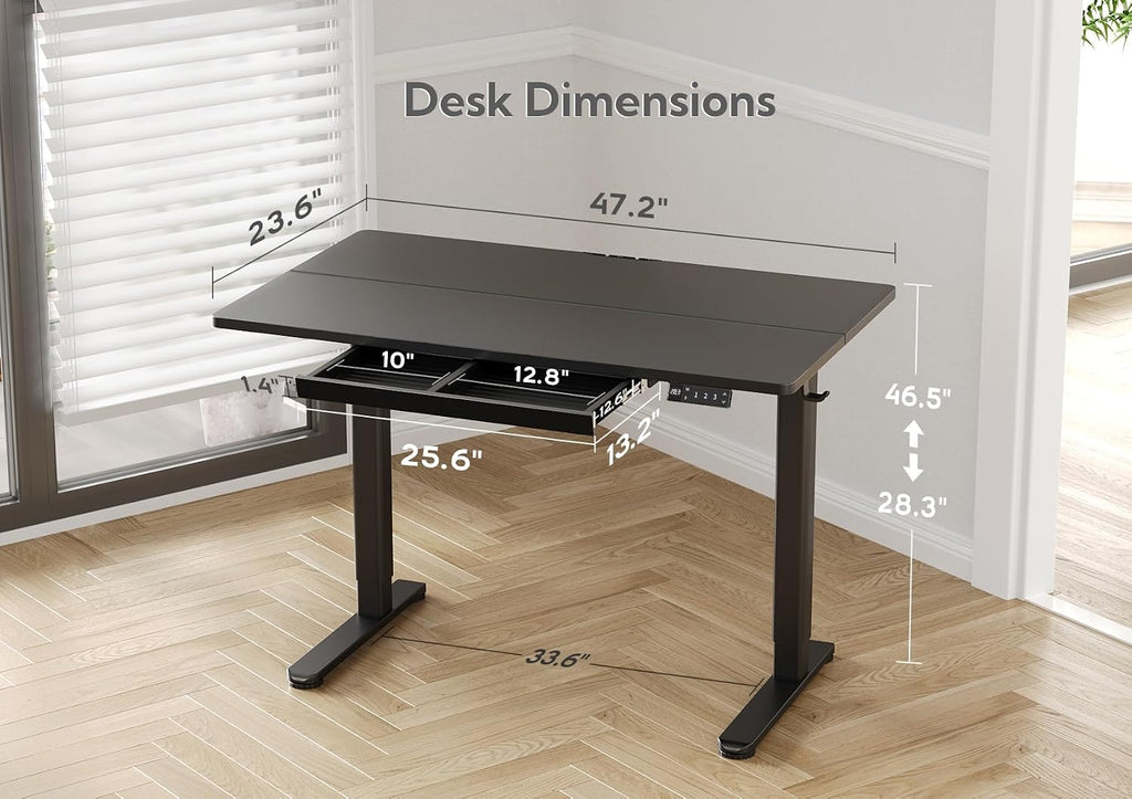 Claiks Standing Desk with Drawers, 48x24 Inch Electric Stand Up Desk, Adjustable Height Computer Workstation, Black