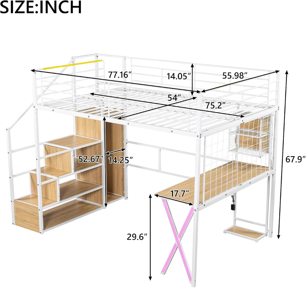 MERITLINE Full Gaming Loft Bed with Desk and Storage Wardrobe& LED RGB,Metal Gaming Bed with Stairs and Storage Case,for Adults Teens (White)