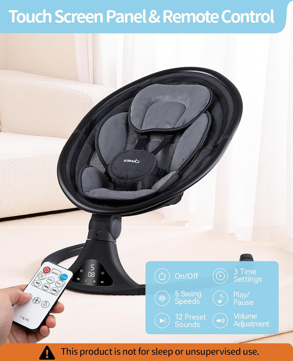LAREX Baby Swing to Toddler Electric Infant Swing Portable for Newborn Boy Girl, 5 Sway Speeds with Remote Control, 12 Preset Melodies and Bluetooth, 0-6 Months Max 20 Lbs (Modern Black)