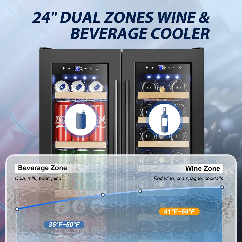 Tylza 24 Inch Wine and Beverage Refrigerator, Dual Zone Wine Beverage Cooler 24' with French Door, Under Counter Wine Beer Fridge Built-In or Freestanding, Holds 20 Bottles and 88 Cans, Black