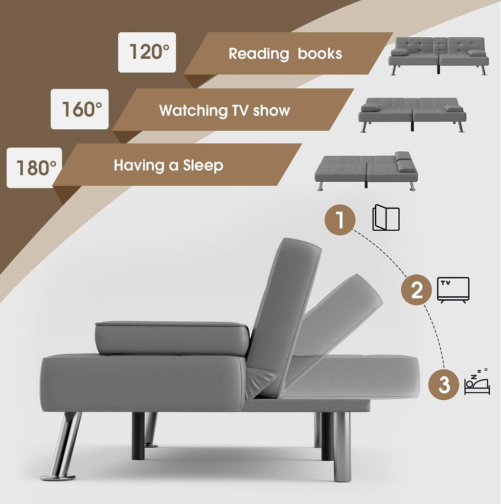 Flamaker Futon Sofa Bed Modern Folding Futon Set PU Leather Convertible Recliner Lounge for Living Room with 2 Cup Holders, Removable Armrests (PU Leather, Dark Grey)