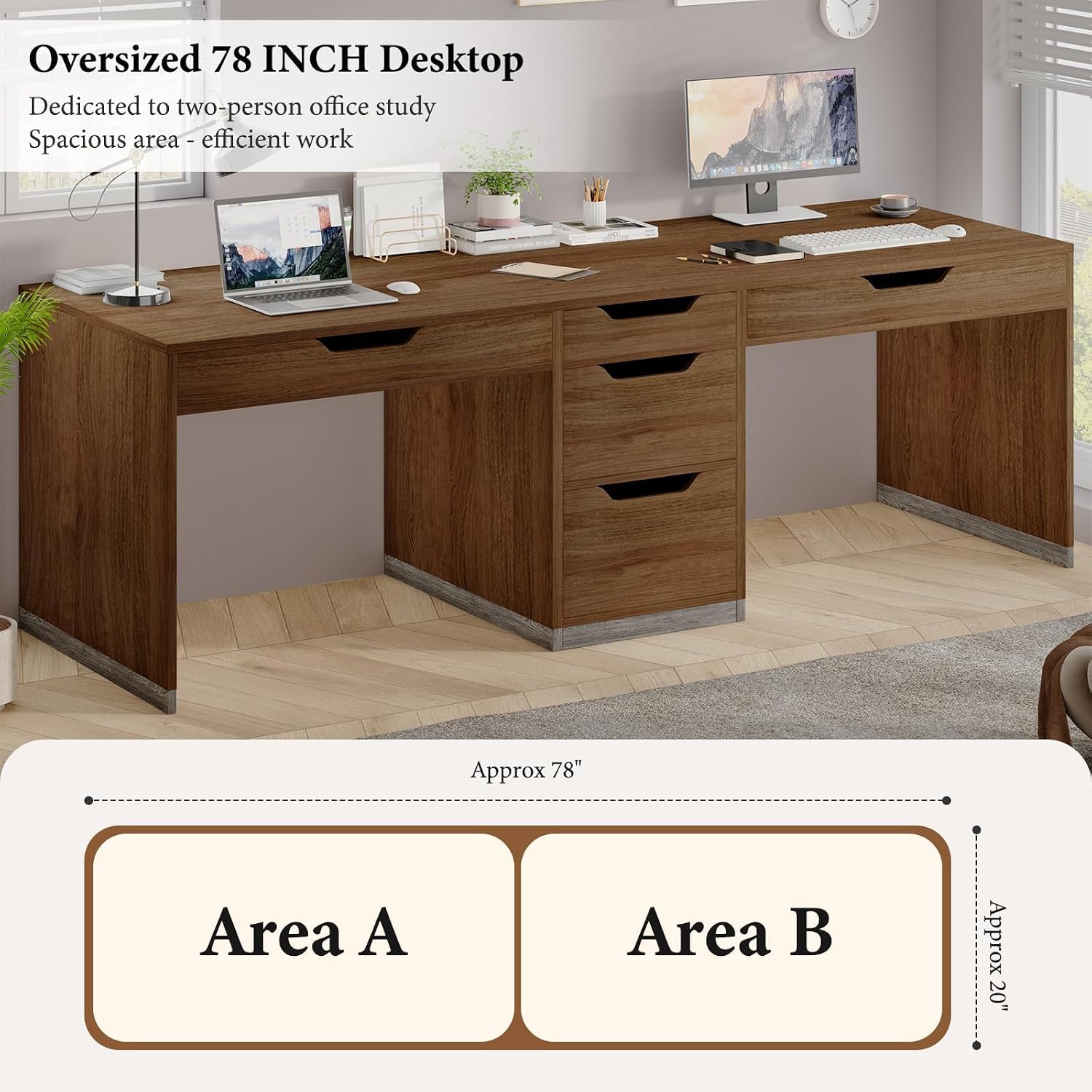 MaverickFurni Two Person Desk with 5 Drawers, Double Desk with Storage for 2 People, 78 Inch Extra Long Computer Desk Workstation with File Drawer for Home Office, Brown