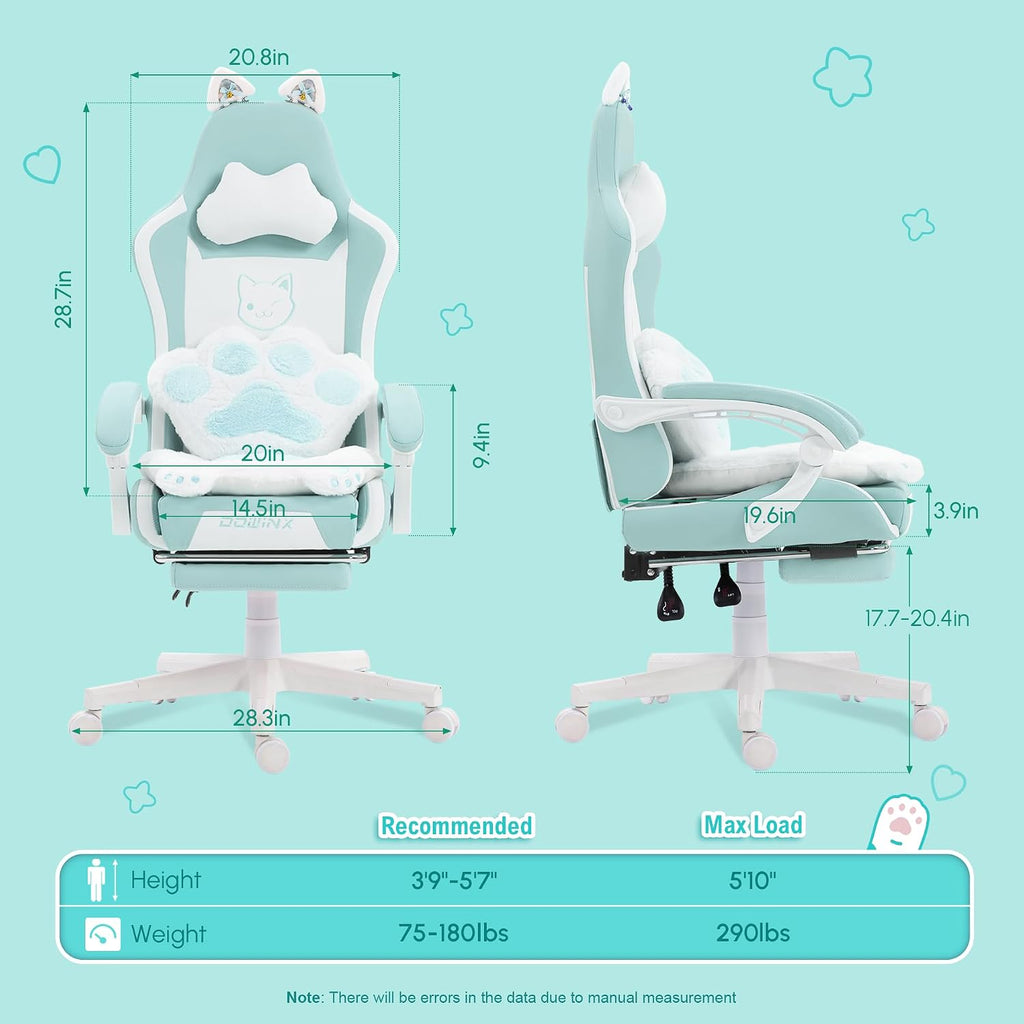 Dowinx Gaming Chair Cute with Cat Ears and Paw Lumbar, Ergonomic Computer Chair for Girl with Footrest and Headrest, Comfortable Reclining Game Chair 291lbs for Adult, Teen, Blue Green