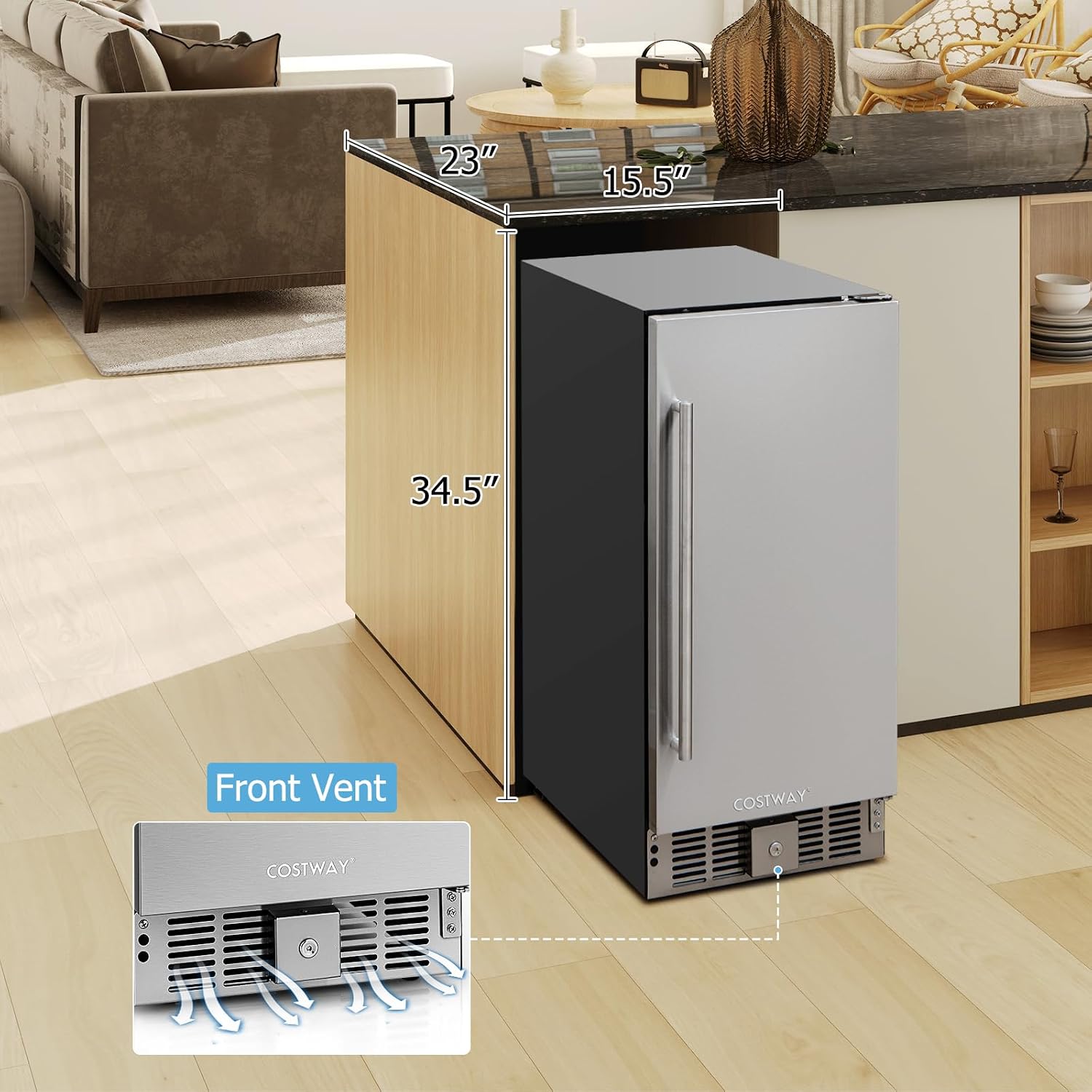 COSTWAY 15 Inch Beverage Refrigerator, Under Counter Drink Fridge with Stainless Steel Door & Removable Shelves, Built-in & Freestanding Beverage Cooler for Soda, Beer, Wine