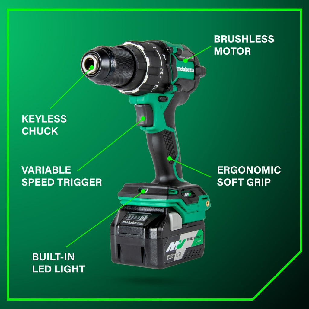 Metabo HPT 36V MultiVolt™ Cordless Brushless 1/2' Hammer Drill Kit, Power Drill Kit with Lithium-Ion Metabo Batteries , Case and Charger, Compact Lightweight Power Tool, DV36DC