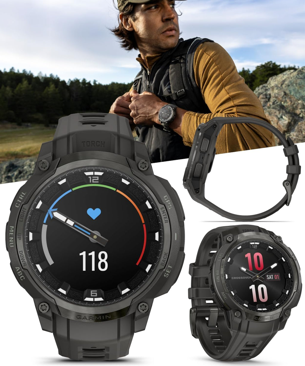 Garmin Instinct Crossover 1.2' AMOLED Sapphire Rugged Hybrid GPS Smartwatch, Analog Hands, Health & Wellness Monitoring, Charcoal Black Earbuds Bundle