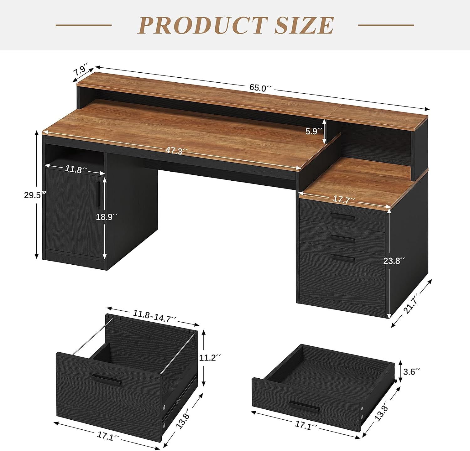 YOMILUVE Computer Desk with 3 Drawers & Storage Shelves, 65 Inch Home Office Desk with File Drawer & Cabinet, Writing Study Desks with Monitor Stand & Printer Shelf, Executive Desk, Brown and Black