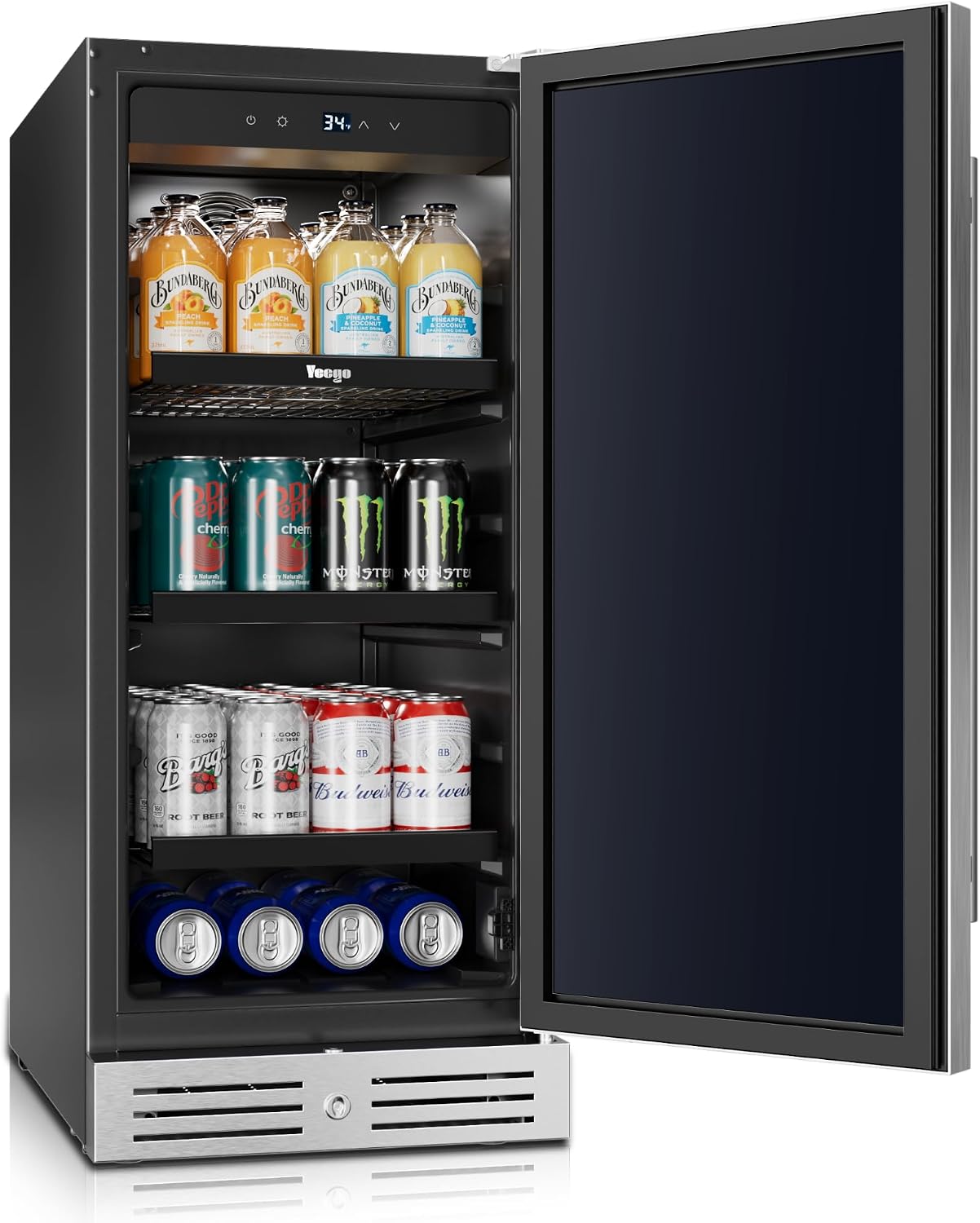 Yeego 15 Inch Beverage Refrigerator, 100-Can Beverage Cooler with Lock & Auto Defrost, Stainless Steel Indoor & Covered Outdoor Beverage Fridge, Freestanding or Under Counter for Beer, Soda & Wine