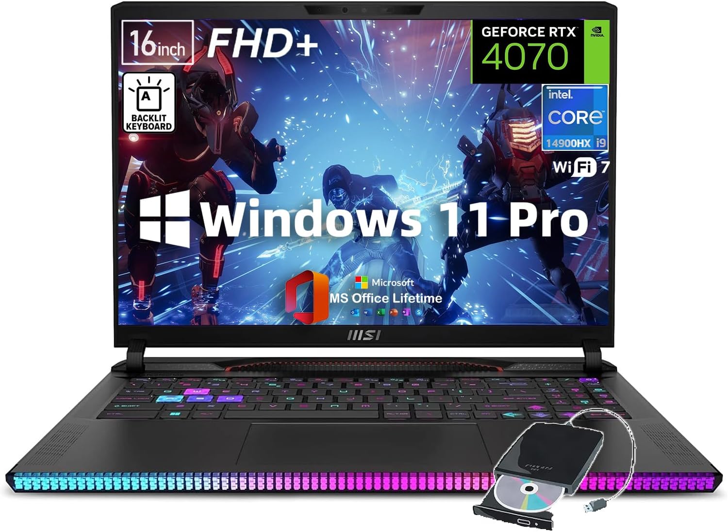 MSI Raider GE68HX Gaming Laptop - w/Office Lifetime & External DVD Drive, NVIDIA GeForce RTX 4070, Intel 24-Core i9-14900HX, 16' FHD+ IPS Display, Backlit KB, Wi-Fi 7, Win 11 Pro, 32GB RAM, 1TB SSD