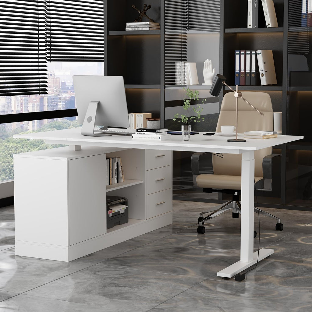 Homsee Home Office L Shaped Electric Standing Desk with Drawers and Shelves, Height Adjustable & Shape Reversible Stand up Desk, 63' Computer Executive Corner Table, White