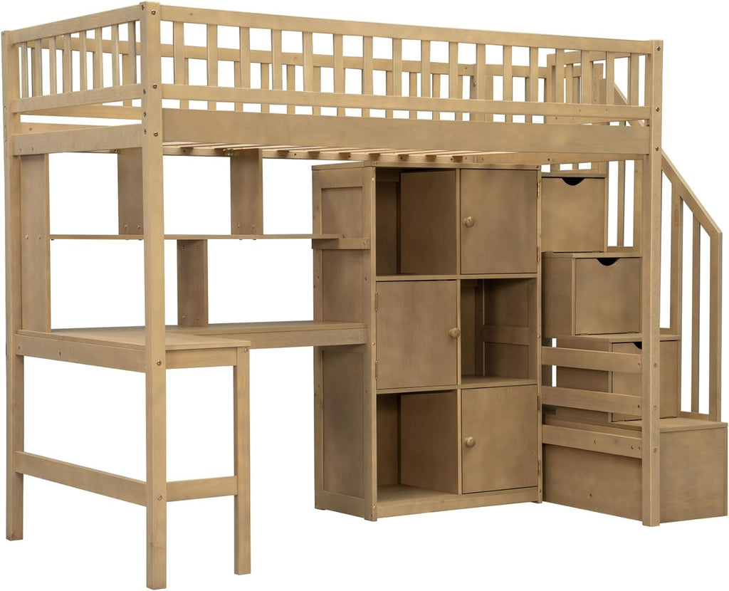 MERITLINE Twin Loft Bed with L-Shaped Desk and Storage Stairs, Solid Wood Loft Bed with LED Lights,Storage Shelves and Cabinets,Stairway Bed Frame with Bookshelves for Teens Adults (Walnut)