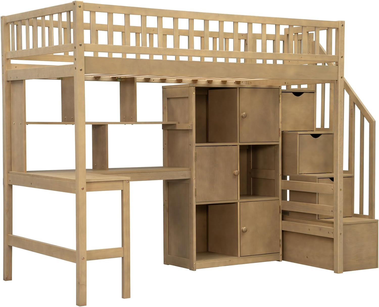MERITLINE Twin Loft Bed with L-Shaped Desk and Storage Stairs, Solid Wood Loft Bed with LED Lights,Storage Shelves and Cabinets,Stairway Bed Frame with Bookshelves for Teens Adults (Walnut)