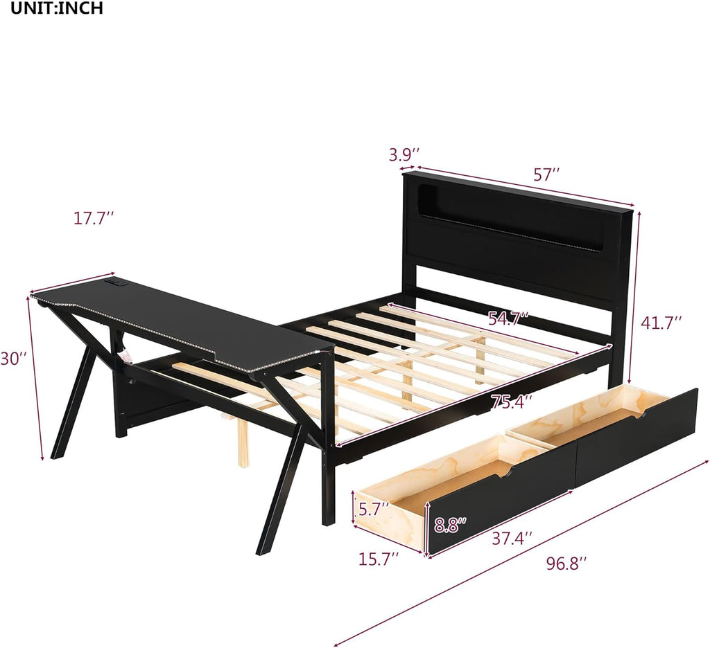 Merax Full Size Gaming Platform Bed with LED Headboard and LED Desk, Wooden Corner Bed with USB and Two Storage Drawers