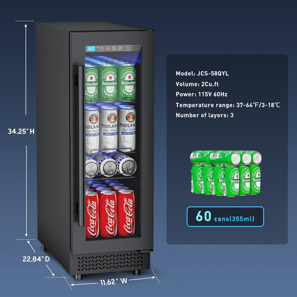60 Can Beverage Refrigerator Cooler for Cubicle under Desk/Counter Office Camping, 2 Cu.Ft Drink Fridge Beverage Cooler with Glass Door for Water Juices Cola Bottles